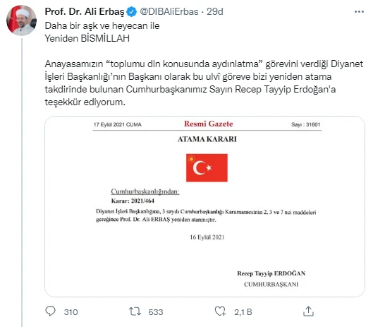 Son dakika! Resmi Gazete'de yayımlandı: Diyanet İşleri Başkanlığına yeniden Ali Erbaş atandı